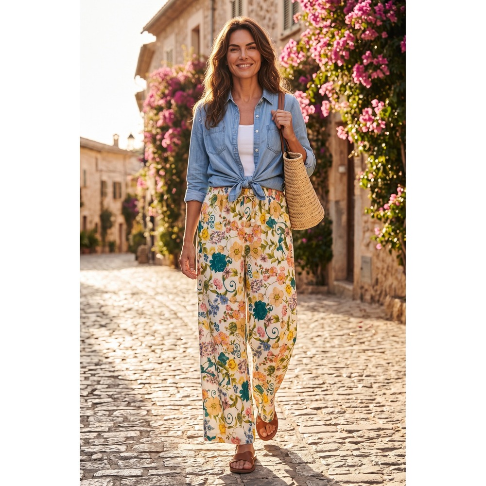 Rachel Zoe Linen Blend Wide Leg Palazzo Pants Botanical Floral Drawstring Large